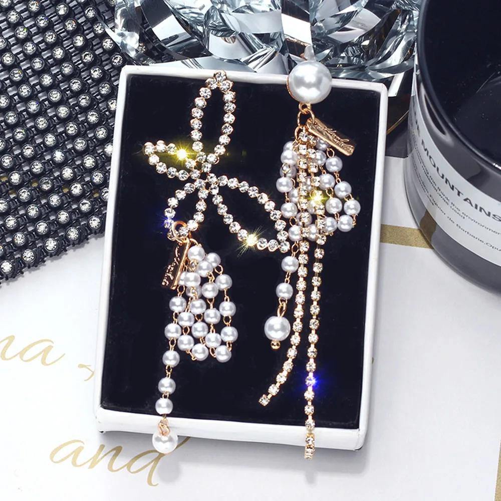 

Fashion Imitation Pearl Crystal Drop Earrings Flower Butterfly Asymmetric Dangle Earrings Women Jewelry Gift