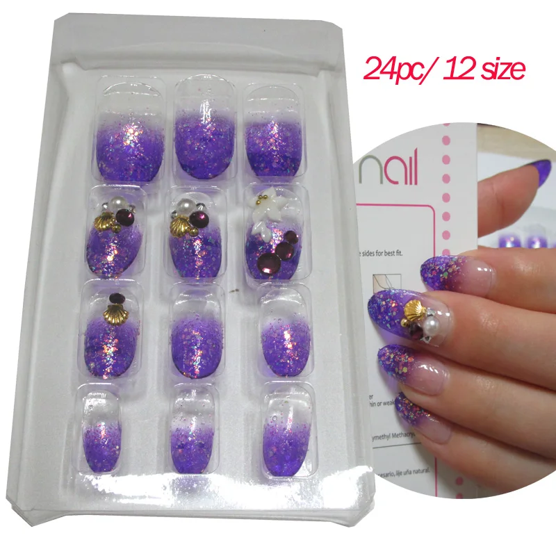 

24Pcs/Set Purple Fake Nails Tips Rhinestone Metal Shell Press On Nails Coffin Custom Full Cover Artificial False Nail for Salon
