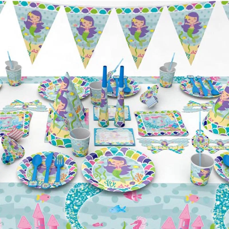 

Mermaids Party Decoration Tableware Kit 1st Happy Birthday Party Paper Banner/Cups/Plate/Napkin Baby Shower Party Supplies