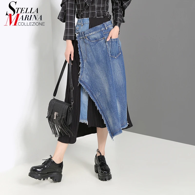 

New 2019 Korean Style Women Denim Patchwork Pleated Skirt Elastic Waist Mid Calf Length Ladies Unique Casual Jean Skirt 5246