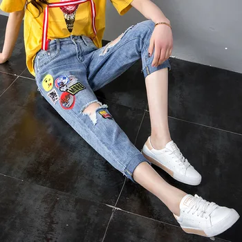 

Loose bf hole map stickers street fashion jeans women 2019 spring and summer personality raw edge leisure harem pants wholesale