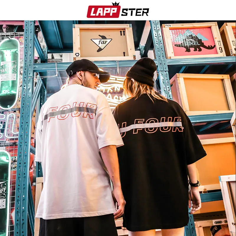 LAPPSTER забавная Harajuku Светоотражающая Футболка Мужская Лето Японская уличная одежда хип-хоп повседневные парные футболки Лоскутные черные топы