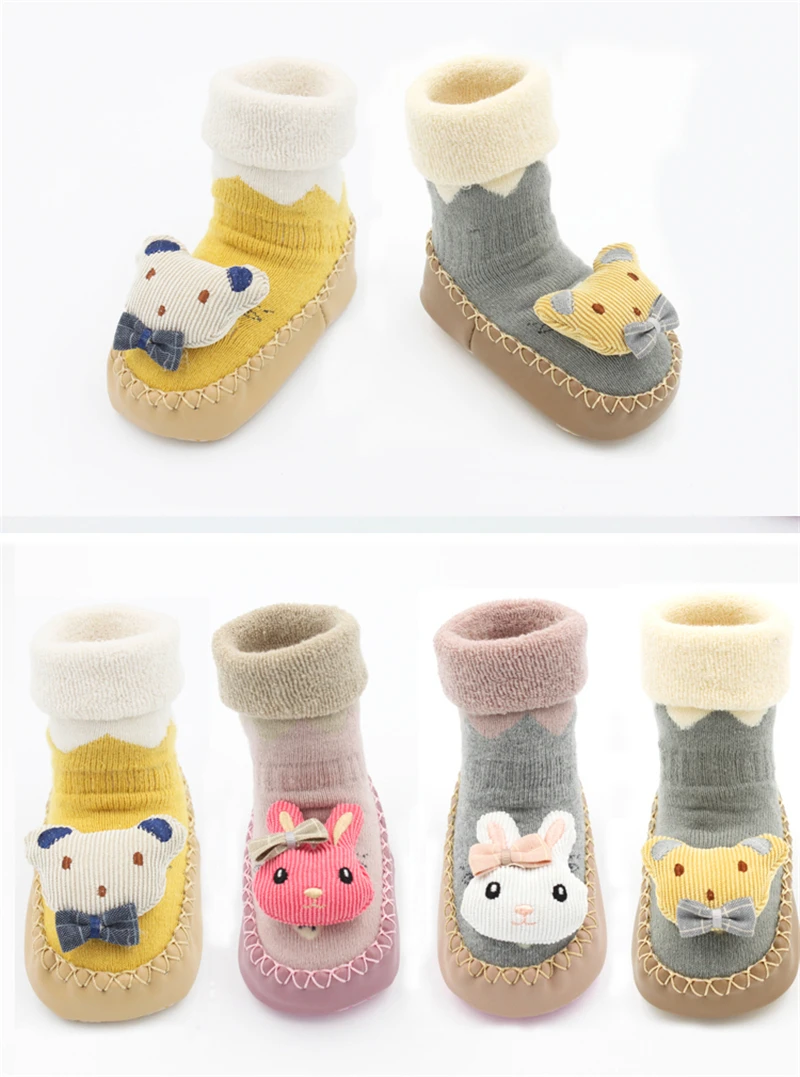 Зимние теплые нескользящие носки для малышей с резиновой подошвой, хлопковые носки-тапочки с рисунками животных для маленьких мальчиков и девочек