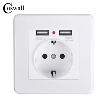 Coswall, двойной usb порт для зарядки, 5 В, 2,1 А, светодиодный индикатор, 16А, настенная розетка европейского стандарта, ПК Панель, белый, серый, черный, золотой, 4 цвета