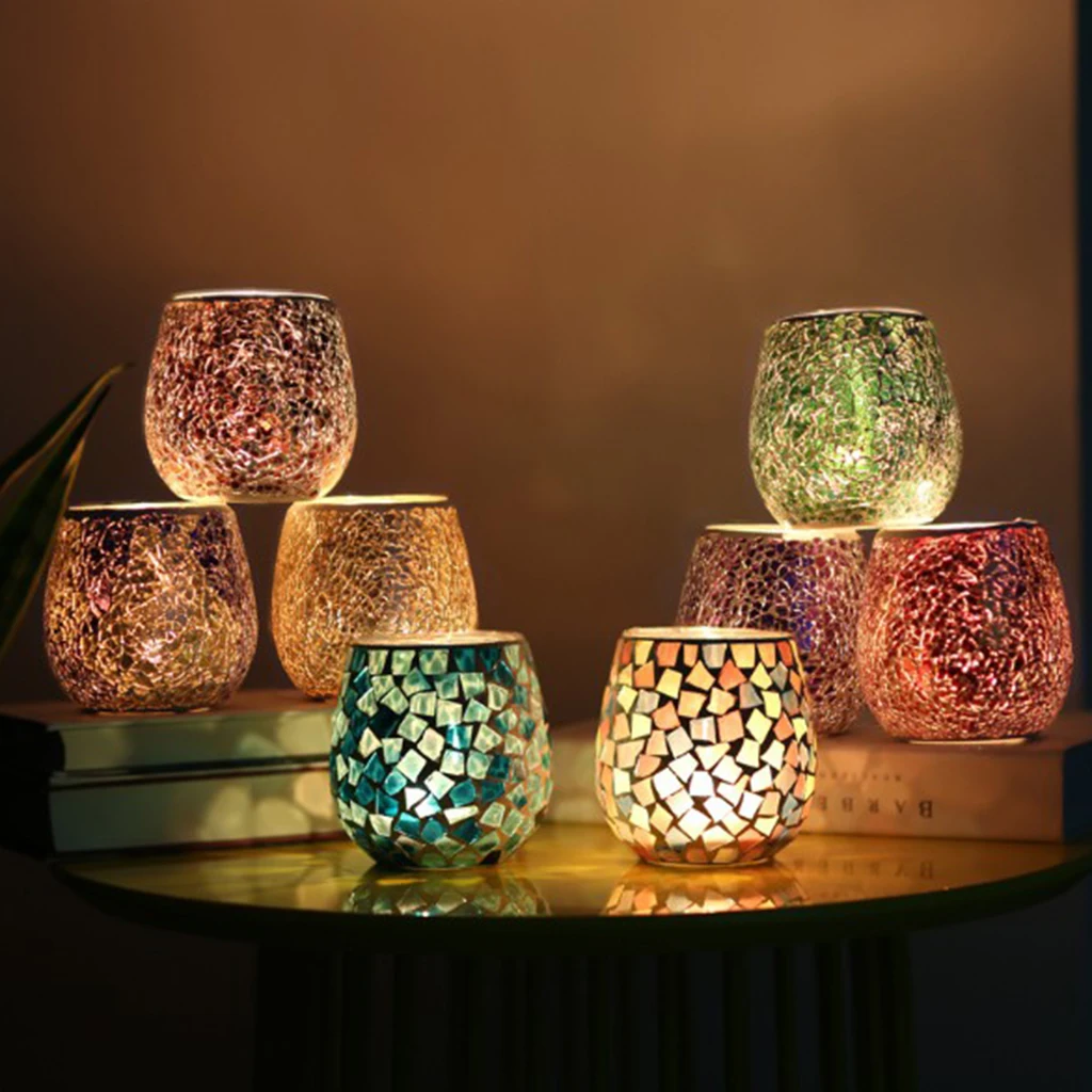 European Glass Mosaic Candle Holder Tea Light Candelabrum Mood Light Holder Case Tabletop Ornament Candlestick Home Desk Decor