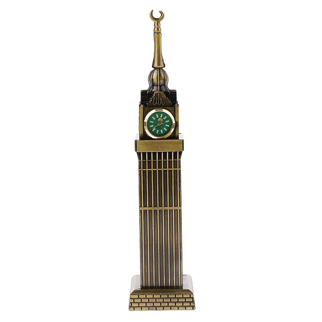 Retro Metal Mecca Tower Statue w/ Clock Building Figurine Model for Home Decor Bars Cafes Restaurants Wedding Party Ornament
