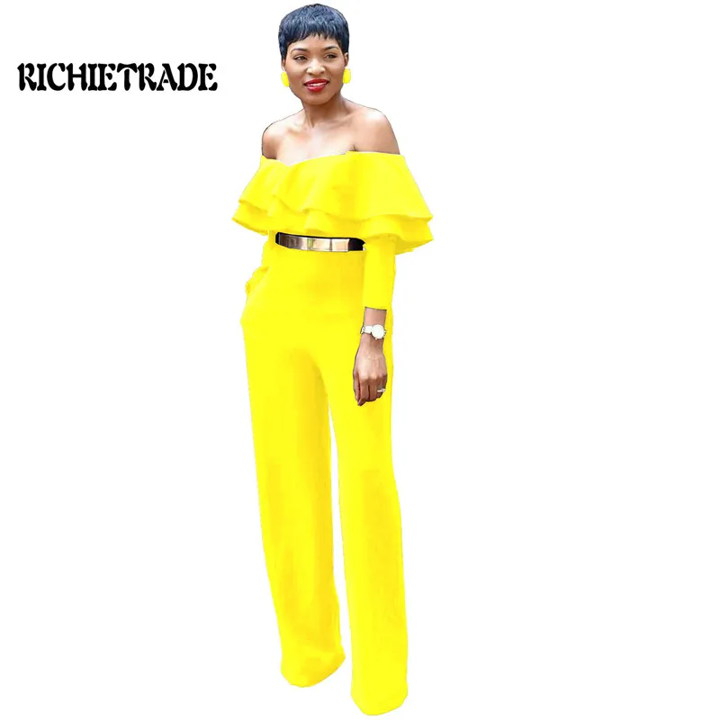 

RICHIETRADE Sexy Woman Jumpsuit Solid Full Length Sashes Long Sleeve Slash Neck
