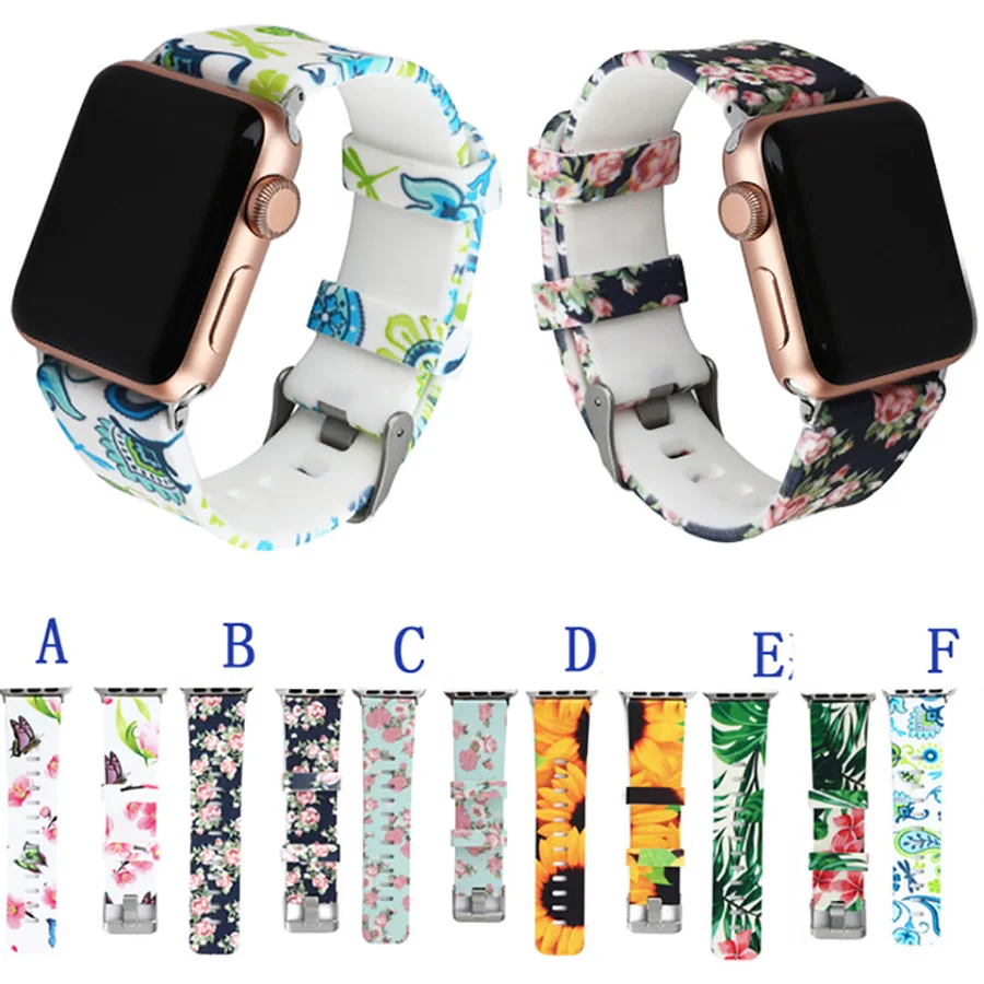 Ремешок силиконовый для Apple watch Series 6 5 4 3 2 1 SE браслет с цветочным принтом iWatch 38 мм 42