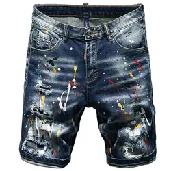 Летние Короткие джинсы мужские рваные Стрейчевые шорты с принтом мужские летние новые хип-хоп Уличная ручная краска ed paint Five брюки