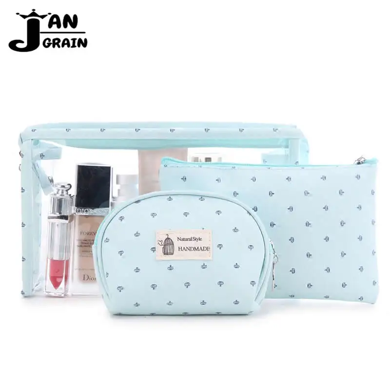 3 set Women Travel Cosmetic Bag Transparent Zipper Crown Make Up Bag