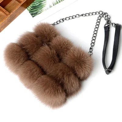

novelty winter women fox fur chain bag lady luxury real fur one shoulder bag soft grey white brown handbag purse