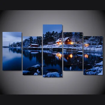 

5 Pcs Winter Snow Lake House Wall Art Canvas Poster Frame Painting Abstract Pictures HD Printed Framework Cuadros Vintage
