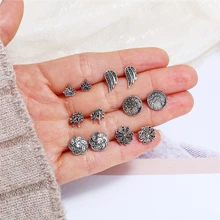 L&H 6Pairs Boho Vintage Stud Earrings Set Exquisite Crown Earrings For Women Wing/Flower/Round Female Earrings in Jewelry 2019 insect design stud earrings set 6pairs