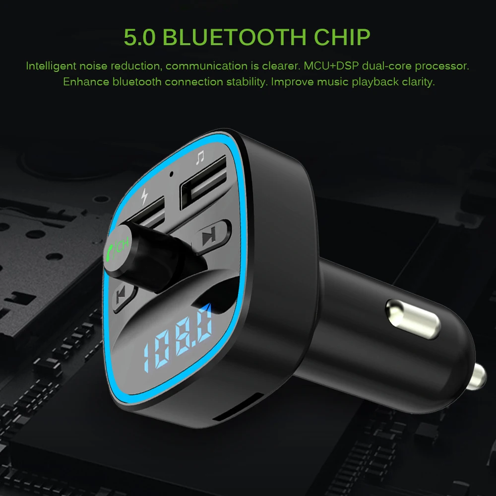 Onever Bluetooth 5,0, fm-передатчик, двойной USB порт, зарядное устройство, fm-модулятор, mp3-плеер, автомобильная зажигалка, Bluetooth, Handfree, вызов, mp3-плеер