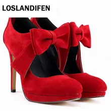 LOSLANDIFEN Faux Velvet Vintage Style Platform 11cm High Heel Court Womens Ankle Bowknot Sexy Wedding Shoes Woman BUTTERFLY-KNOT