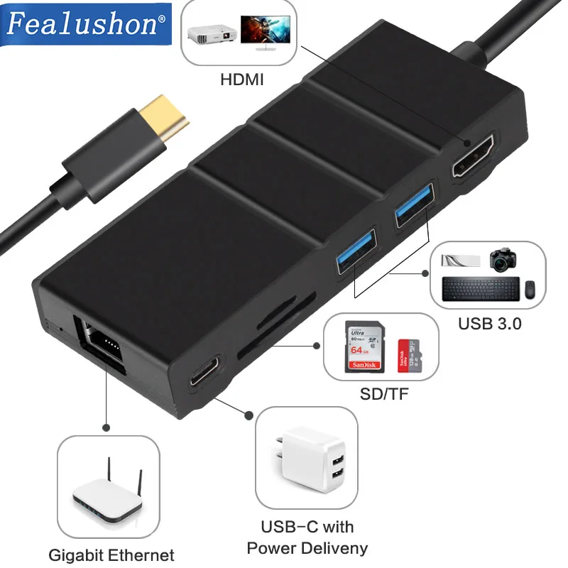 Док-станция с разъемом типа C HDMI RJ45 USB power Delivery Hub для ноутбука Macbook Pro hp DELL Surface lenovo samsung Dock