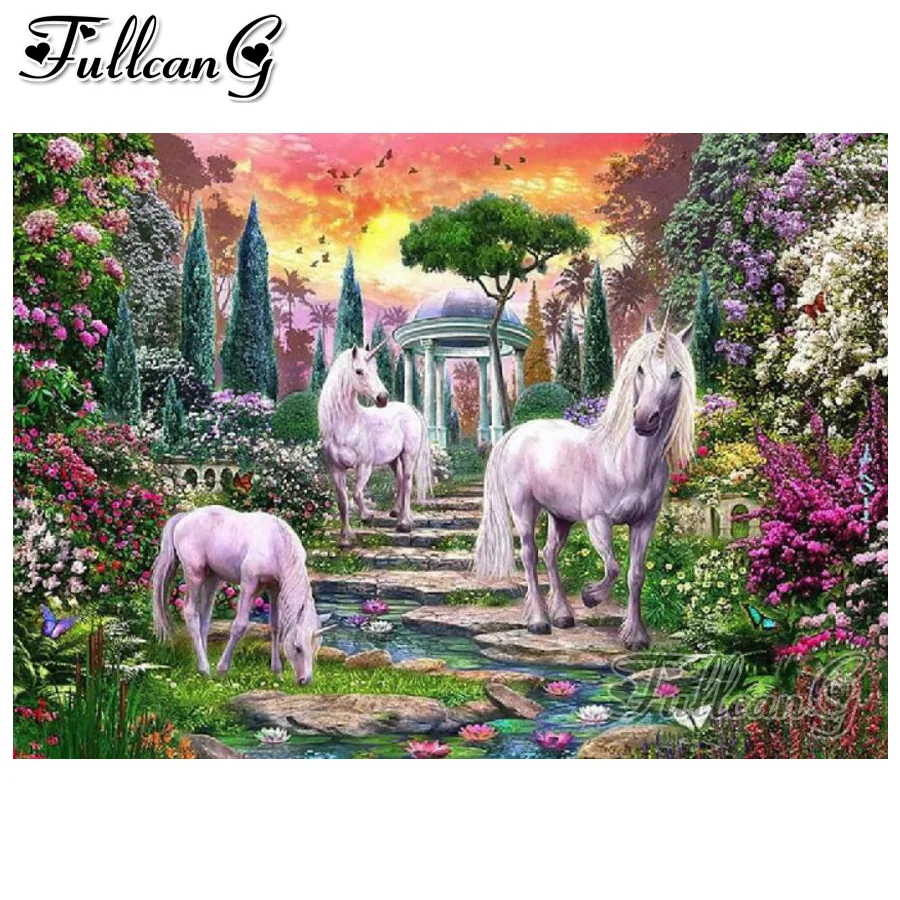 

FULLCANG diy 5d diamond embroidery stones white unicorn garden full square/round drill diamond painting crystal mazayka FC1738