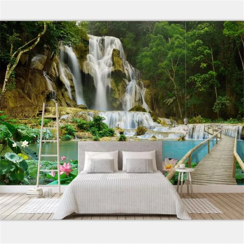 beibehang Wallpaper Mural Custom Living Room Bedroom Bamboo Forest Spring Waterfall Water Lotus Background Home Decoration | Обустройство