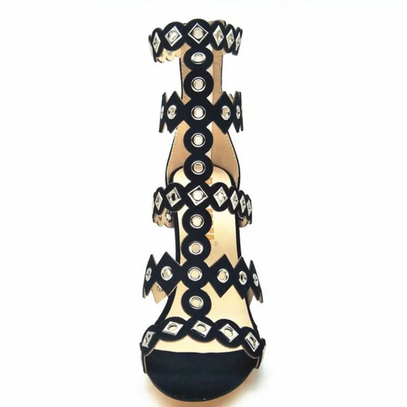 Gladiator Nieten Schwarzes Peep Razamaza Dünne Zipper Größe Neue Frau Sandalen 34 Schuhe Heels Partei Design 43 Toe Frauen BBOwC0