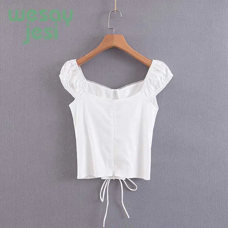 

Women Euro Fashion Sweet Ruffles Eyelet Drawstring Crop Tops Summer Bandage Women Blouses 2019 Solid White Short Shirts