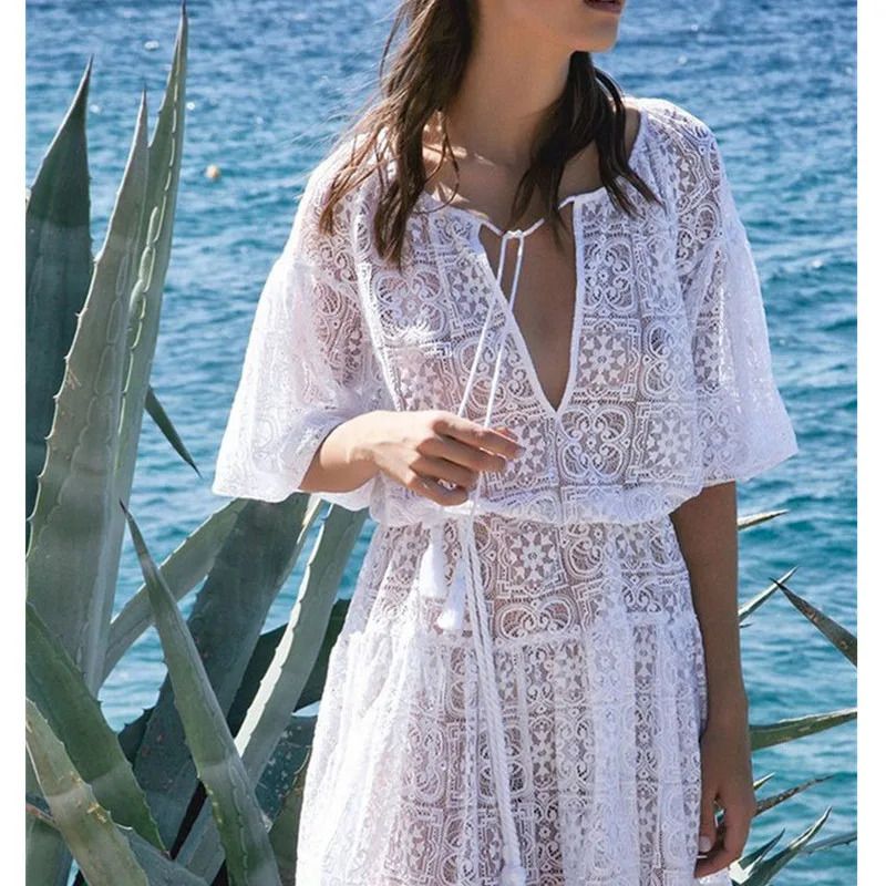 

Beach Dresses For Women Bikini Cover Beachwear Women's Tunic Wear Cape On Swimsuit New Lace Sexy Neck Skirt Shirt Belt Lady