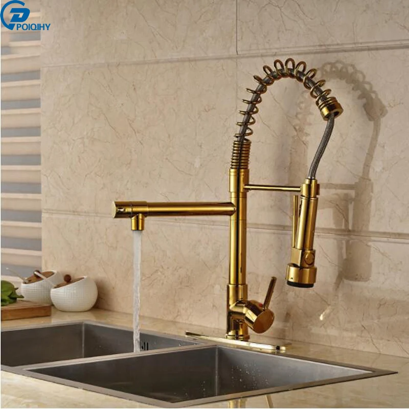 POIQIHY Golden Kitchen Mixer Pull Down Sprayer Head Kitchen Sink Faucet Double Spout 8 Hole Cover