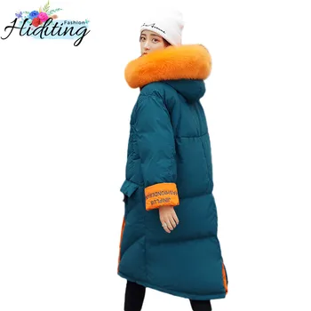 

Winter Coat Women Feather Down Jacket 2019 New Medium Long Fashion Outerwear Large Fur Collar Hooded White Duck Down Coat WIN24