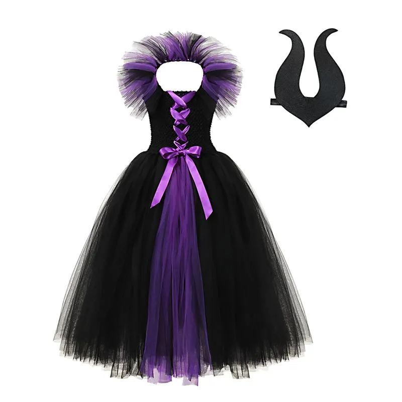 

VOGUEON Deluxe Girl Maleficent Fairy Witch Tutu Dress With Headband Children Evil Queen Halloween Party Cosplay Costume Clothes