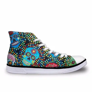 

Classic Women's Punk Rock Skull Style High-top Vulcanize Shoes Lace-up Black Skull Canvas Shoes for Wanmen Students Flat Shoes
