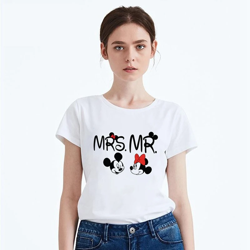 

Lovely Mickey T Shirt Women Minnie Mouse Summer Couple Pattern Camiseta Women's T-shirt White Short-sleeved Shirt Casual T-shirt