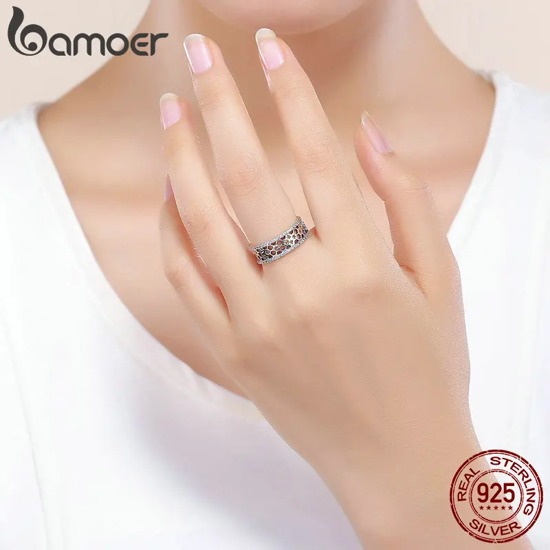 BAMOER Genuine 100% 925 Sterling Silver Trendy Bee & Honeycomb Clear CZ Finger Rings Engagement Wedding Jewelry Gift SCR391