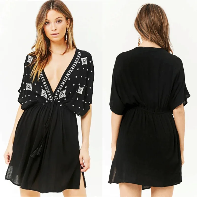 

Kaftan Beach Swim Cover Up Swimwear Women Dresses Dress Tunic Pareo Coverup New Rayon Embroidery Neck Upper Garment Animal