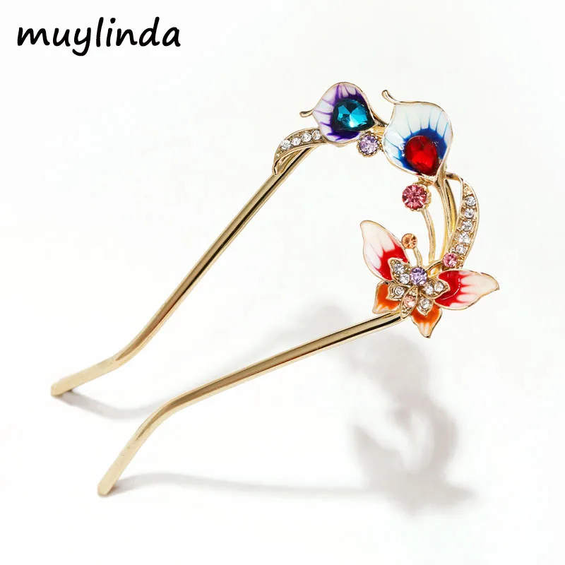 

muylinda Butterfly Enamel Hairpin Crystal U shape Hair Pin Stick Women Banquet Hair Jewelry Accessories