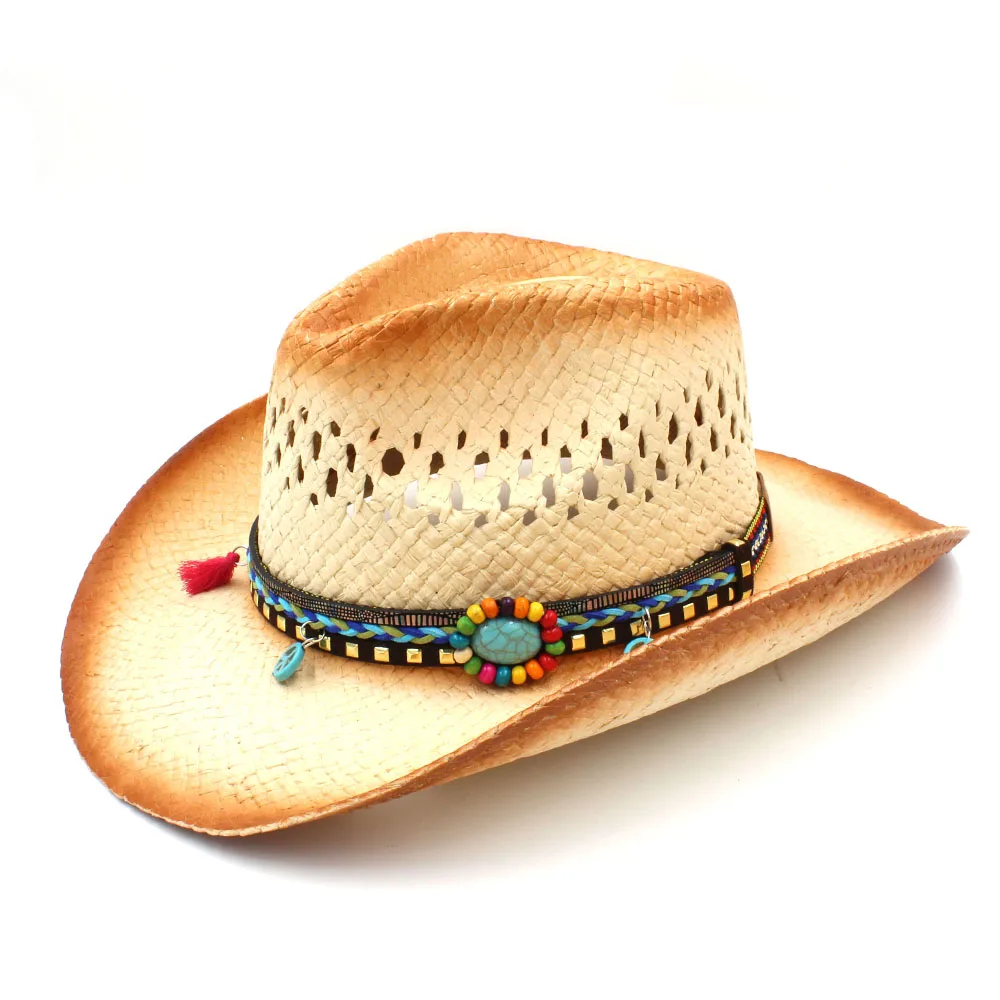 Handmade Weave Straw Women Western Cowboy Hat With Tassel Ribbion Size 58CM