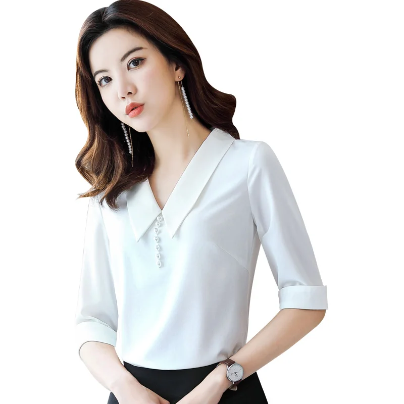 

Fashion 2019 New Fashion V Neck Shirt Women Half Sleeve Slim Chiffon Blouses Beading Office Lady Plus Size Formal Tops