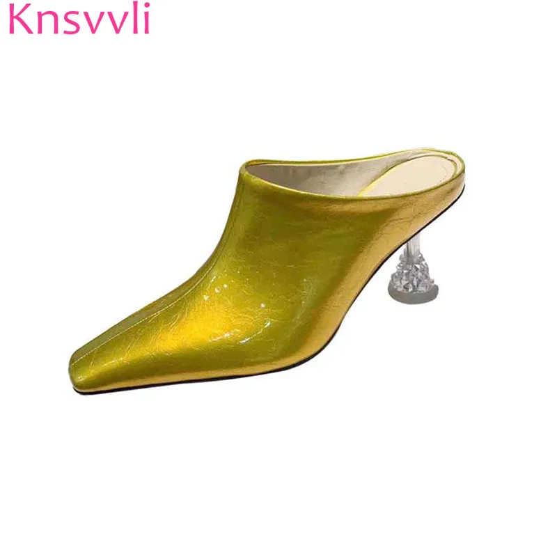 

Knsvvli Yellow Pleated Patent leather Slippers Women Square Toe Crystal Strange Style Heels Ladies Shoes Sexy Mules High Heels
