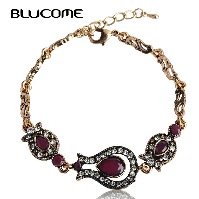 

Blucome Turkey Retro Bracelet Flower Shape Red Resin Alloy Bracelets Women Girl Banquet Party Daily Female Jewelry Gifts Bijoux