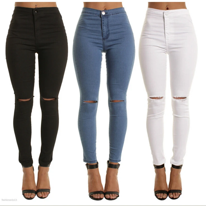 Осенние белые рваные Узкие рваные джинсы женские джеггинсы крутые джинсовые с высокой талией женские брюки-Капри узкие черные повседневные джинсы