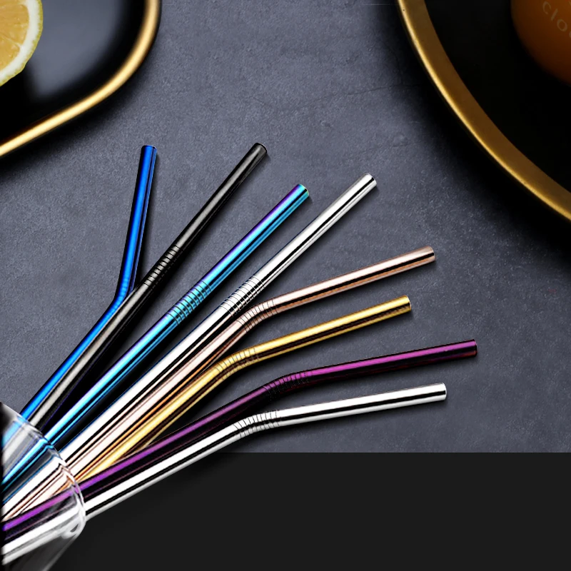 

500pcs/lot 215mm*6mm Colorful 304 Stainless Steel Straws Reusable Drinking Straw High Quality Bent Metal Straw Free laser logo