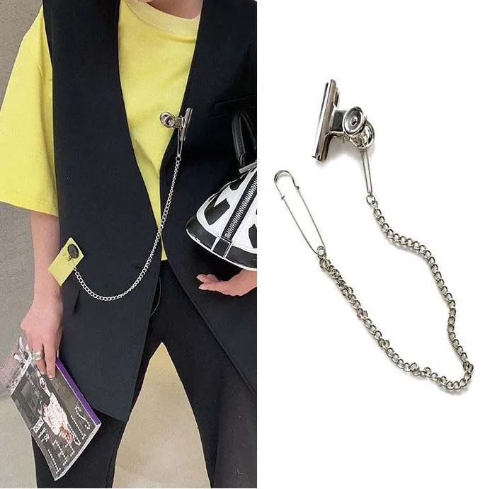 

2019 High Quality silver color Clip chain Brooch Pins Punk Big Brooches For Women Vintage femme bijoux Jewelry Accessories