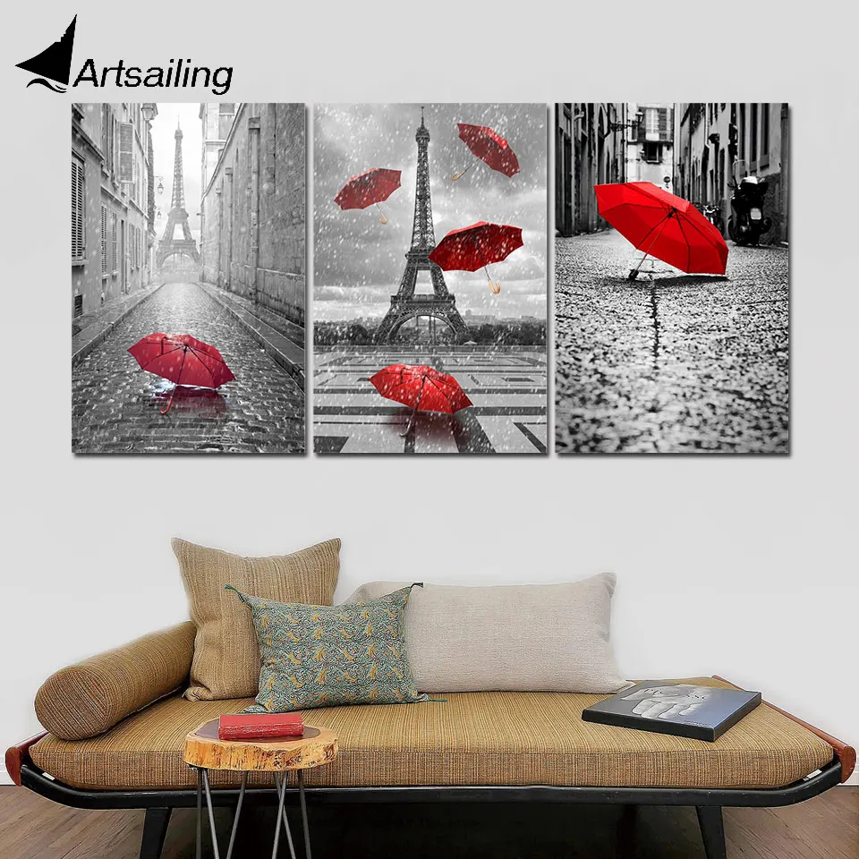 

ArtSailing 3pcs Canvas Black and White Eiffel Tower with Red Unbrella on Paris Street Painting Romantic Picture Print NY-7785D