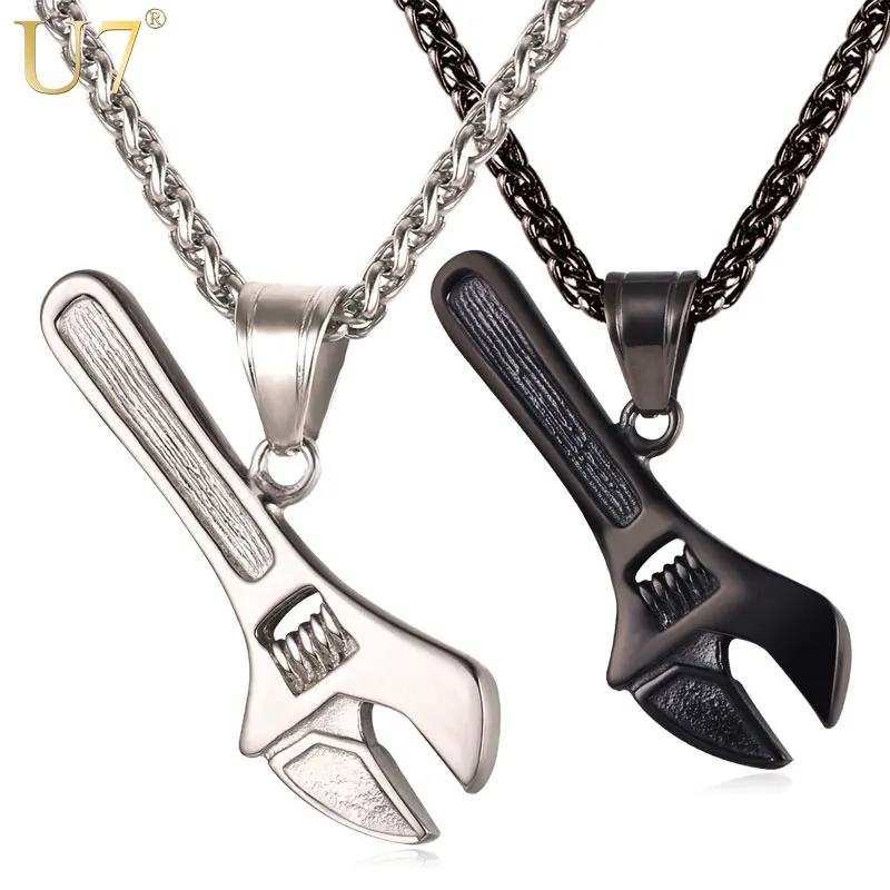 

U7 Hip Hop Spanner Tool Charm Necklace Steampunk Black Stainless Steel Chain & Pendant For Men 2017 New Kpop Jewelry P1017