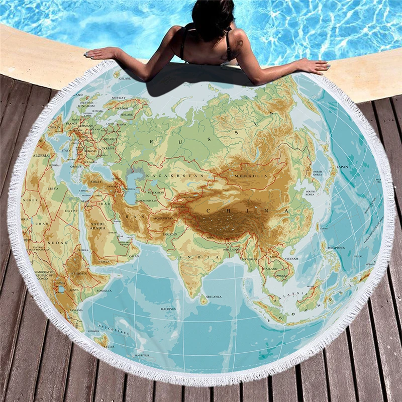 

CASEGRACE Microfiber Fabric Map Style Bath Towel Soft Round Beach Towel With Tassels Printed Table Cloth Blanket Dobby Craft