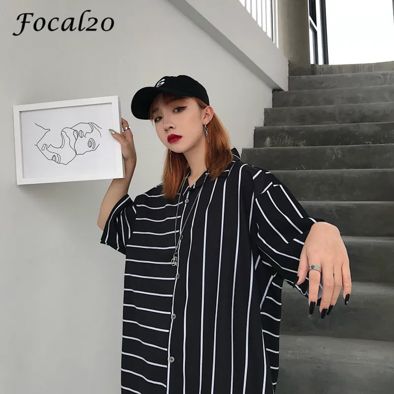 

Focal20 Harajuku Hit Color Stripe Female Shirt Blouse Turn Down Collar Half Sleeve Color Block Summer Spring Loose Women Blouse