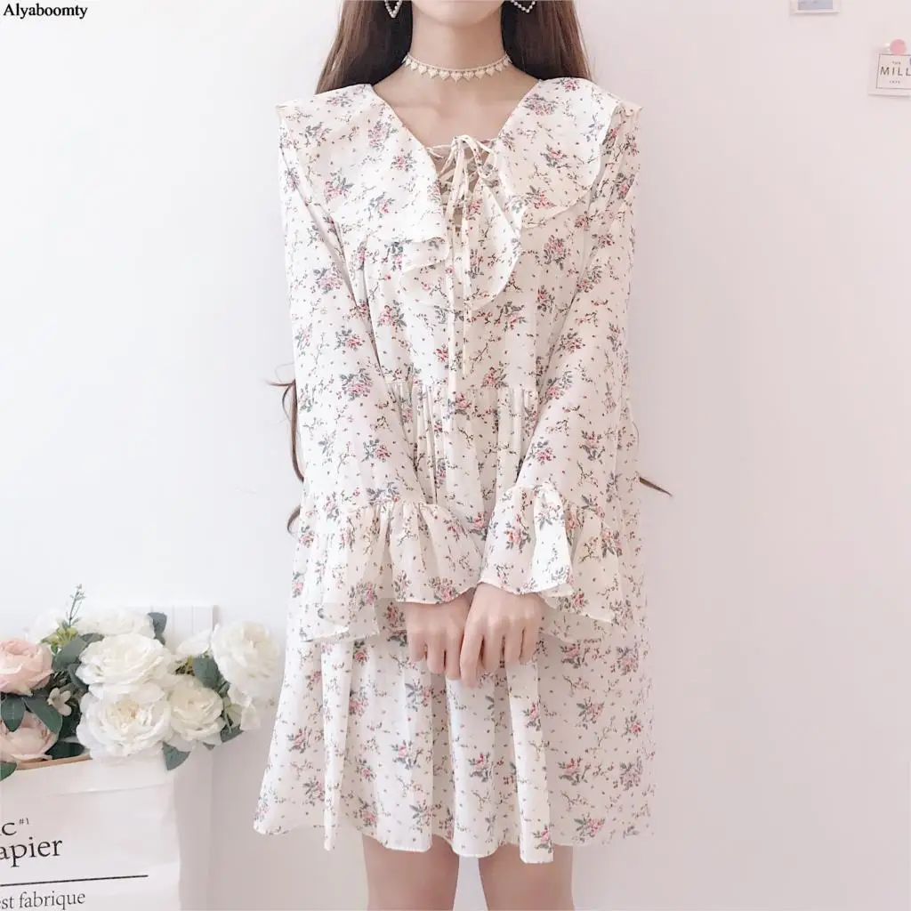 

Japanese Women Lolita Style Cute Dress Ruffled Collar Bandage Oversize Floral Dress Flare Sleeve Chiffon Flower Sweet Chic Dress