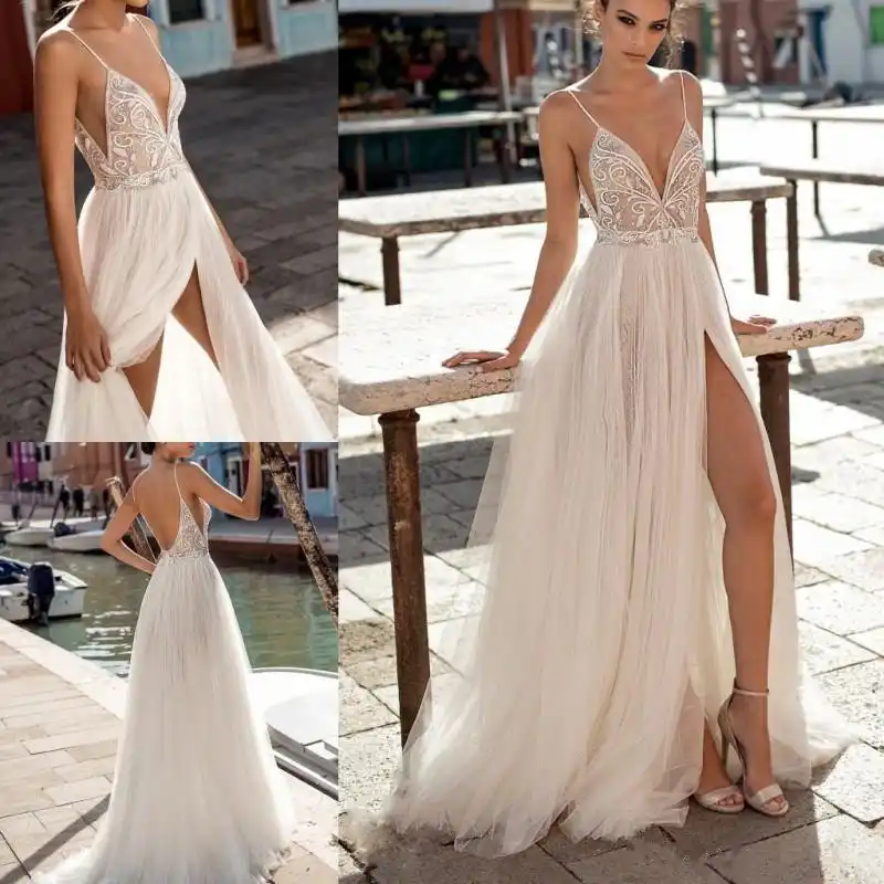 Vestidos De Boda De Modas Vestido De Novia Linea A Sexy Con Abertura Lateral Bohemio Con Perlas Espalda Descubierta Y Novia Para Playa 2020 Aliexpress