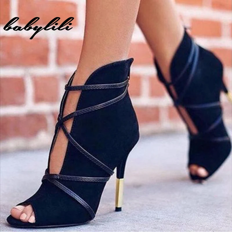 

2019 New Women High Heels Fashion Woman Faux Suede Pumps Sexy Open Toe Ankle Boots Slip on Deep V Cut High Heel Lady Autumn Shoe