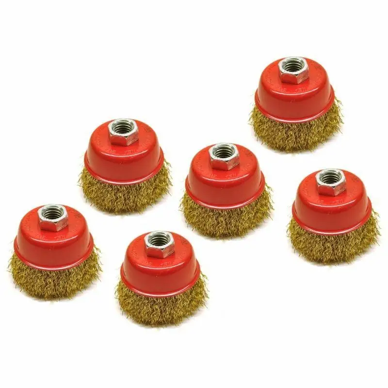 6pcs Wire Cup Brush 0.3mm 65mm Brass Coated Wire Cup Brush Wheel For Deburring Angle Grinder Tempered Steel Bristles