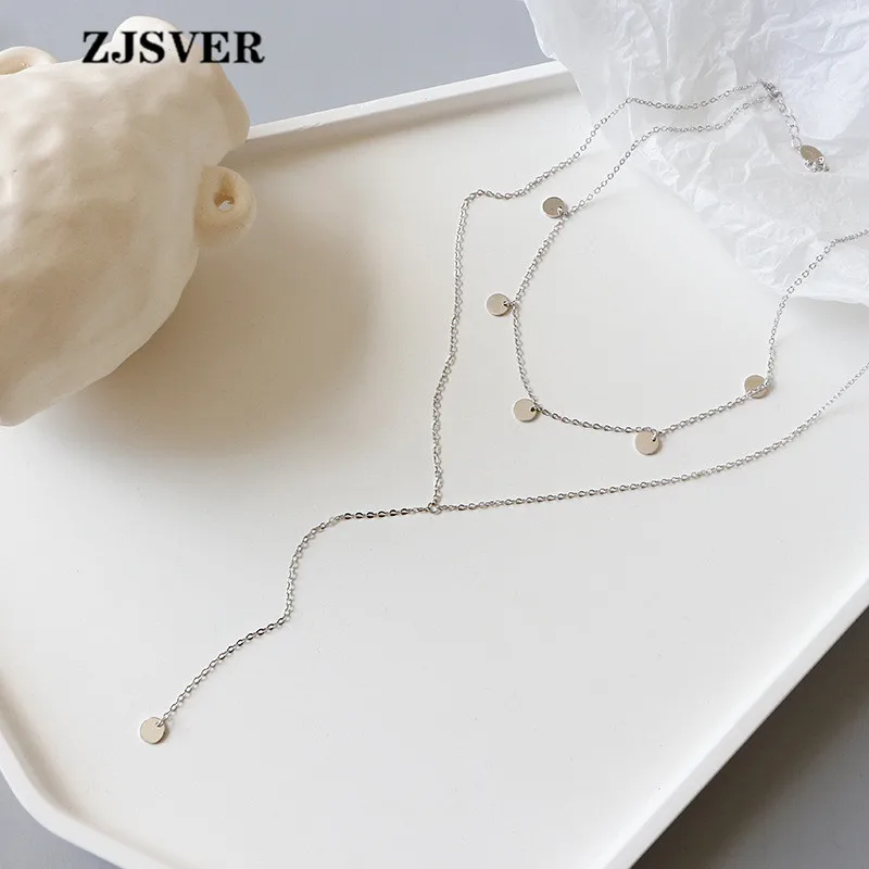 

ZJSVER Fine Jewelry 925 Sterling Silver Necklace Chain Pendant Fashion Silver Double Layer Fringe Disc Chain Women Necklace