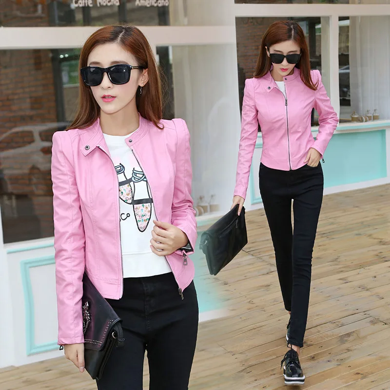 2017 nova primavera e outono das mulheres Jaqueta de couro Rosa projeto curto motocicleta jaqueta de couro pu mulheres casaco outerwear topo mulher